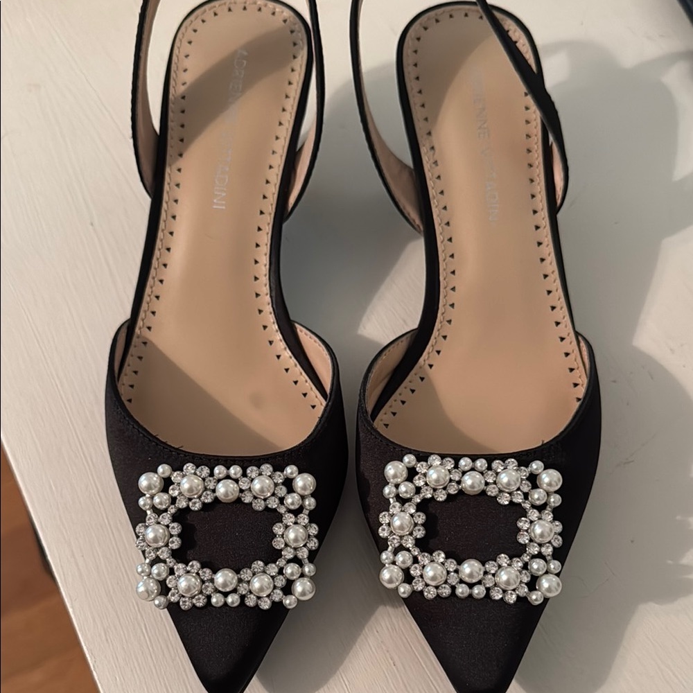 Adrienne Vittadini Black Slingback Heels with Crystal Buckle